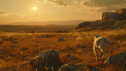 Wild goat gazing at the horizon in a sunlit mountain landscape