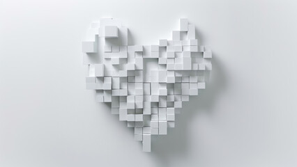 Abstract heart shape made of white 3D cubes on a minimalistic background