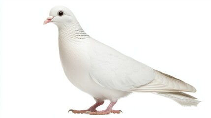 lovely white dove stands proudly, showcasing its delicate feathers and small beak. The bird exudes a sense of peace and purity, isolated against a bright white background.