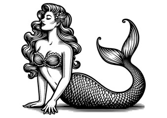 mermaid, with flowing hair and seashell top, exuding classic retro fantasy charm sketch engraving generative ai fictional character PNG illustration. Scratch board imitation. Black and white image.