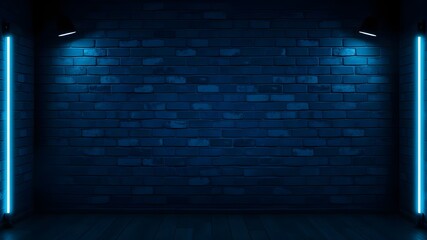 A vibrant blue lit brick wall background in a dark setting ideal for artistic displays or creative showcases