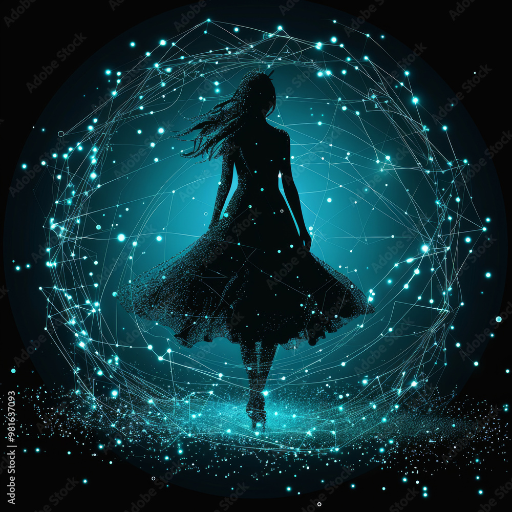 Poster the scene captures a silhouette of a person elegantly dancing, illuminated by vibrant, glowing parti