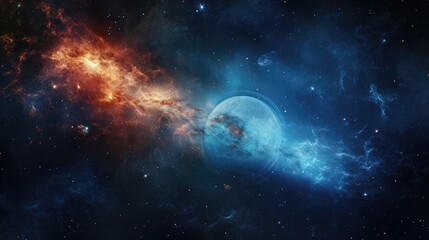 Obraz premium A stunning cosmic scene, a blue planet with rings, surrounded by swirling nebulae and a scattering of stars.