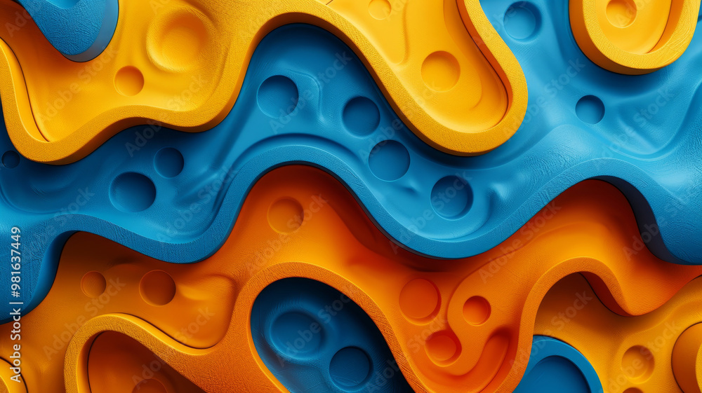 Poster the artwork showcases a vibrant and dynamic arrangement of wavy patterns in blue, orange, and yellow