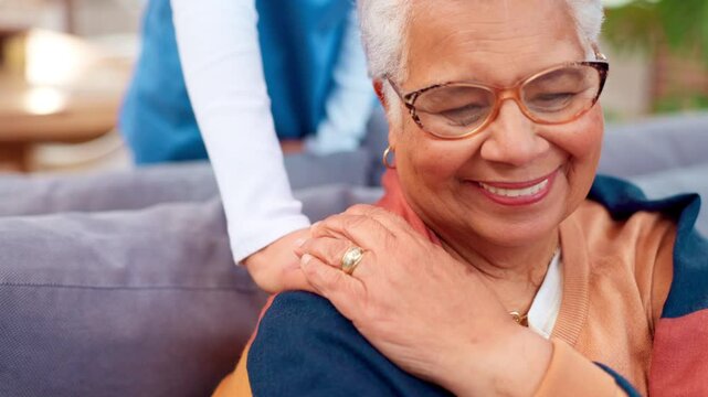 Woman, elderly patient and helping hand with caregiver in nursing home for consultation, wellness and empathy in retirement. Nurse, senior care and touch for support assistance and healing in comfort