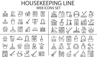 Housekeeping line web icons set. Dusting, cleaning, vacuuming, washing, changing, organizing. 