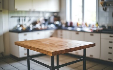 Fototapeta premium Wood table top on blur kitchen counter (room) background. blank wooden plank mockup board interior home decoration for product presentation ad for commercial marketing and advertisement