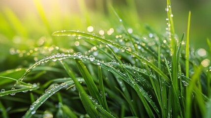 Dewdrops on Green Grass Blades in Sunlight