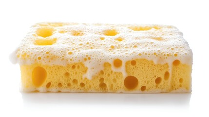 one single yellow kitchen sponge covered in soap foam isolated on white background