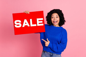 Portrait of funny charming young woman in blue knitted jumper shopaholic indicate red poster winter sale announce isolated on pink color background