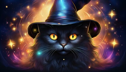 Witch’s black cat with glowing eyes casting a spell with magical sparkles