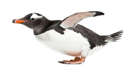 Fototapeta premium delightful penguin stands with its flippers slightly extended, embodying a playful spirit amidst the simplicity of a white backdrop, celebrating avian beauty.