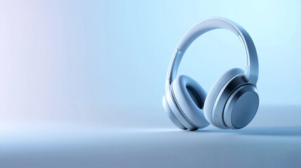 Beautiful modern white wireless headphones on a beautiful light background, banner or advertisement for headphones with space for logo, text or inscriptions
