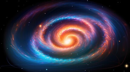 A swirling galaxy of vibrant orange and blue hues creates a mesmerizing cosmic spectacle.