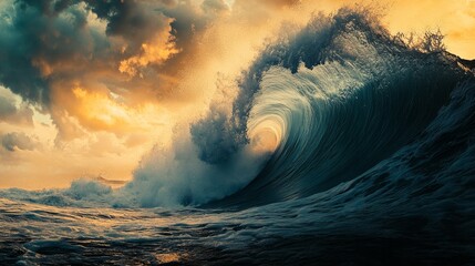 A large sea wave curling against the background of a beautiful sunset with space for text or inscriptions
