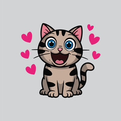 A simple illustration of a happy cat with its mouth open and its teeth visible. The cat has bright blue eyes. There are pink hearts around the cat.