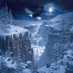 Fototapeta premium eagle soars high above a vast, frozen canyon