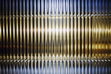 Reeded Glass Window. Gray Ribbed Background. Minimal blur on corrugated surface for modern design. Silver, Chrome Colors. Home restaurant with cafe atmosphere for lifestyle.