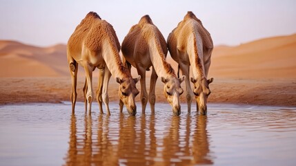 Three camels drink water from a lake in the desert with space for text or inscriptions
