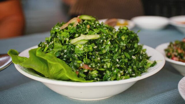 Freshly prepared tabbouleh salad garnished with parsley on white plate