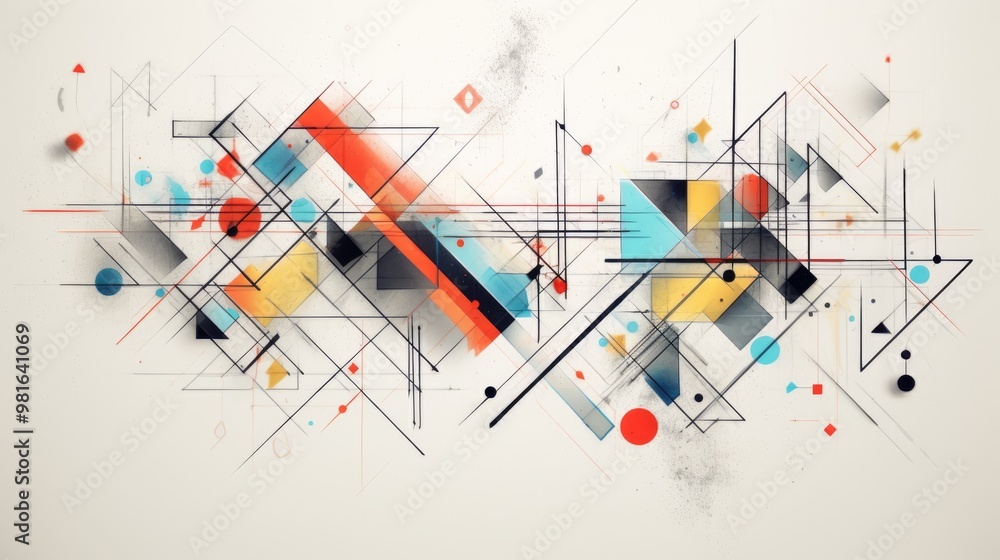 Poster a vibrant abstract artwork featuring geometric shapes and lines in a bold color palette.
