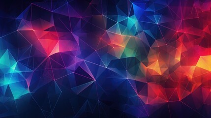 A vibrant abstract background with a geometric pattern of triangles and lines in shades of blue, red, and orange.