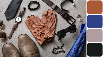 Composition with leather male gloves and stylish accessories on grunge background