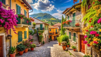 A vibrant image of a colorful Italian village with cobblestone streets, charming houses in bright yellows, reds, and greens, adorned with lush flowers and plants. The scene is set against a mountainou