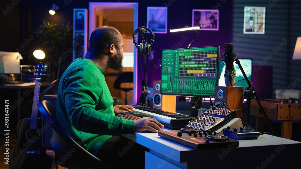 Poster Sound engineer playing piano and mixing tunes on digital software, composing new songs and adding audio effects in post production. Artist composer creating soundtracks for music industry. Camera B.