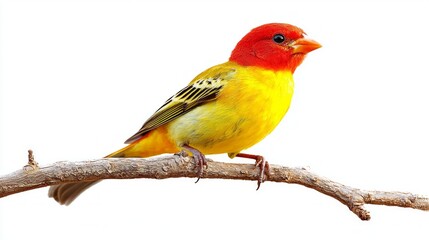 striking western tanager rests on a branch, its vivid red and yellow feathers shining brightly. This colorful bird adds a splash of joy to the otherwise plain surroundings.