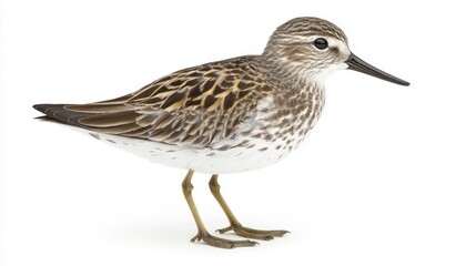 Fototapeta premium white-rumped sandpiper is poised near the tranquil water, displaying its intricate gray and white feathers against a bright background, highlighting its elegant form.
