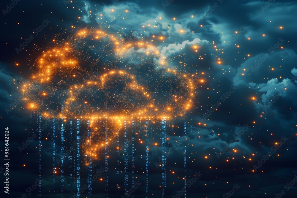 Poster a glowing cloud composed of golden lights emits streams of binary code, creating a striking visual a