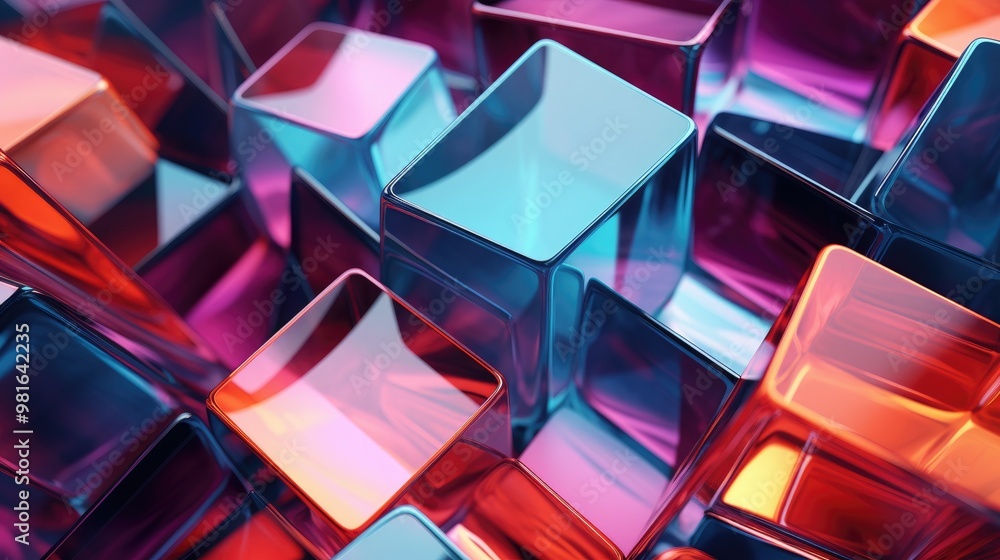 Poster a vibrant and abstract composition of colorful glass cubes, reflecting light and creating a dynamic 