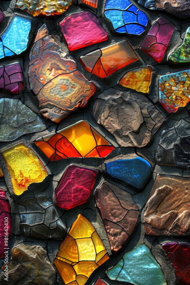 Poster a vibrant display of broken glass and stone pieces showcases a range of colors and textures, creatin