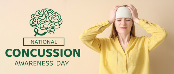 Young woman with brain concussion and bandaged head on beige background