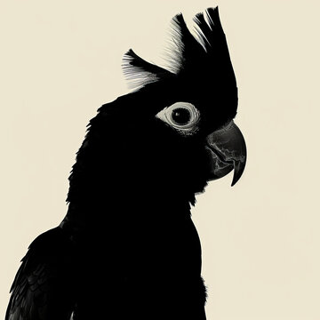 recommend clip art: A striking silhouette of a black cockatoo highlights the bird's distinctive features, showcasing its dramatic crest and strong beak. This artistic representation emphasizes its elegance.