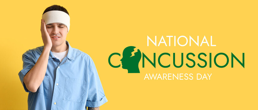 Young man with brain concussion and bandaged head on yellow background