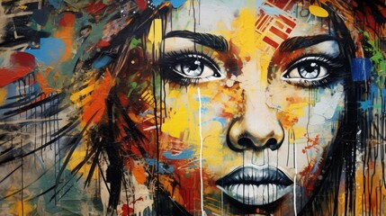 A vibrant and abstract portrait of a woman's face, painted in bold strokes of color.