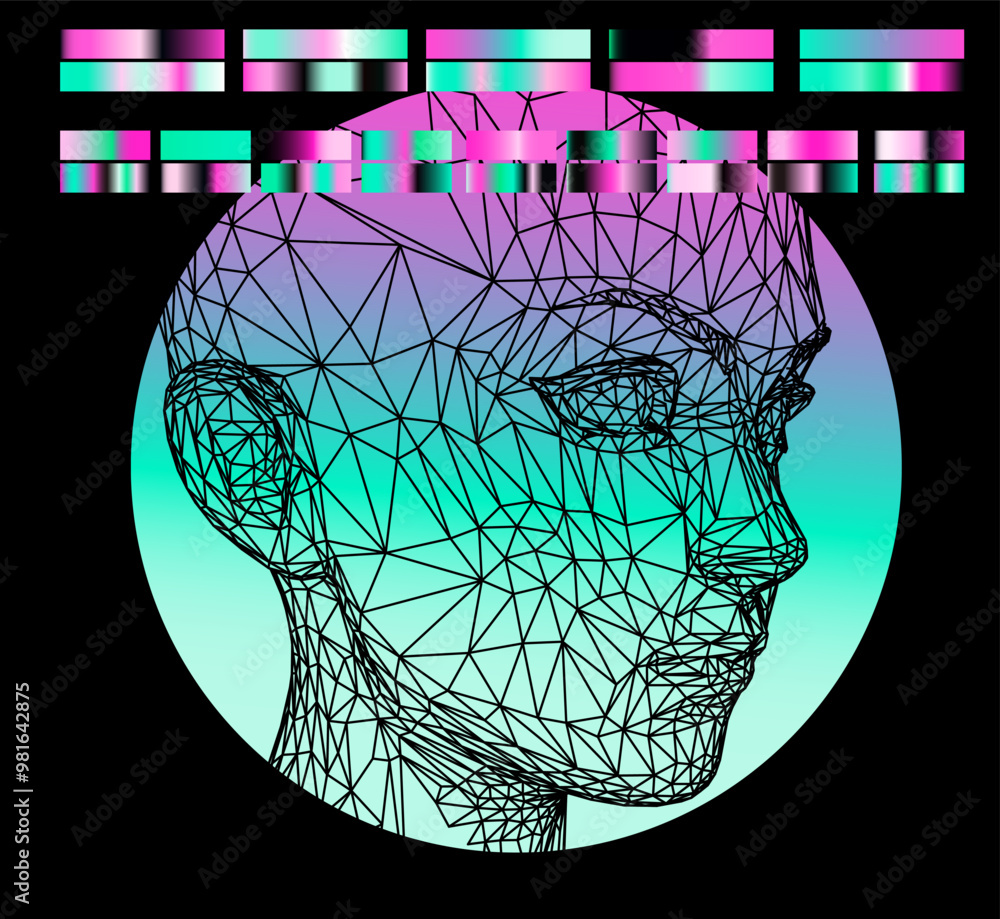Poster conceptual illustration of 3d head made of mesh on background of holographic green and pink circle. 