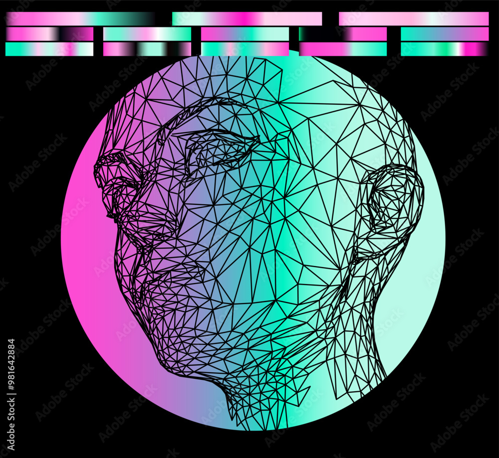 Poster conceptual illustration of 3d head made of mesh on background of holographic green and pink circle. 