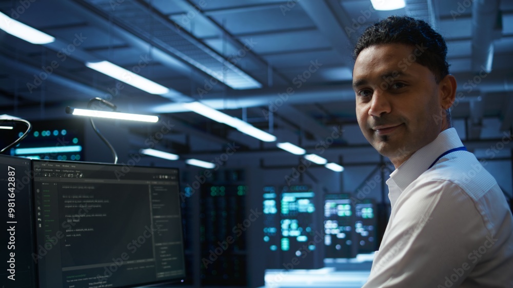 Poster portrait of smiling data center technician responsible for installation and repair of networking equ