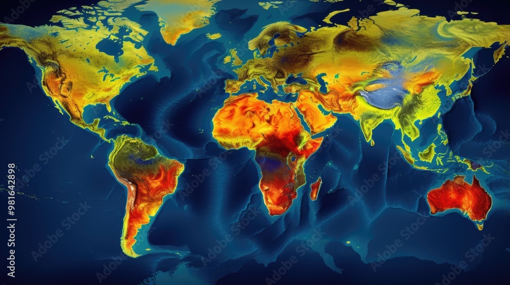 Poster a vibrant and abstract world map with a unique artistic style, showcasing continents in warm colors 