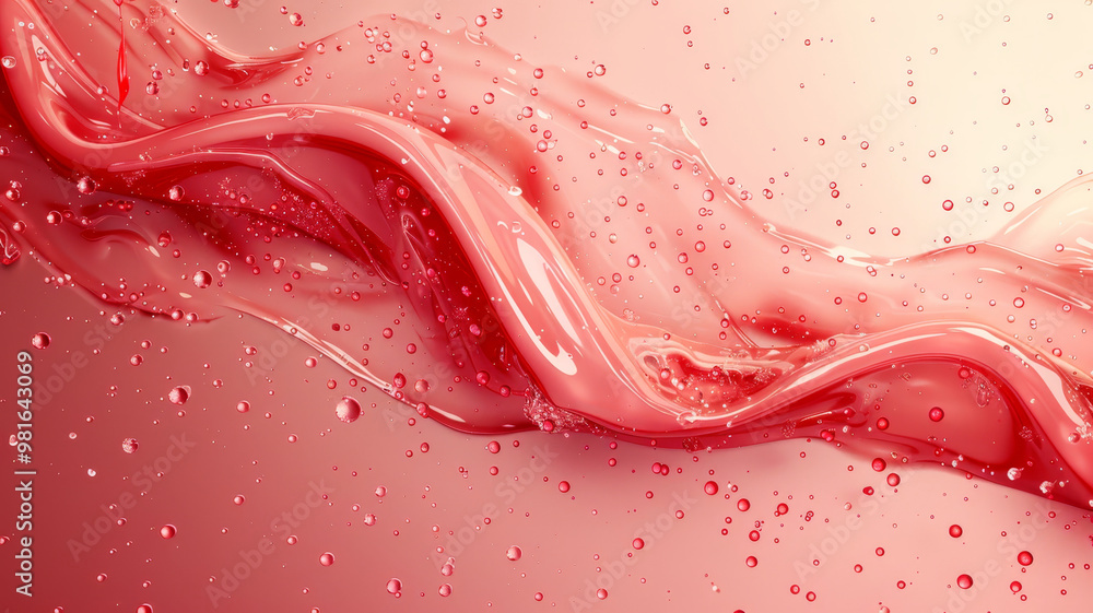 Poster A lively red liquid undulates gracefully with bubbles throughout, creating a dynamic visual effect against a smooth backdrop, suggesting movement and energy in a captivating way.