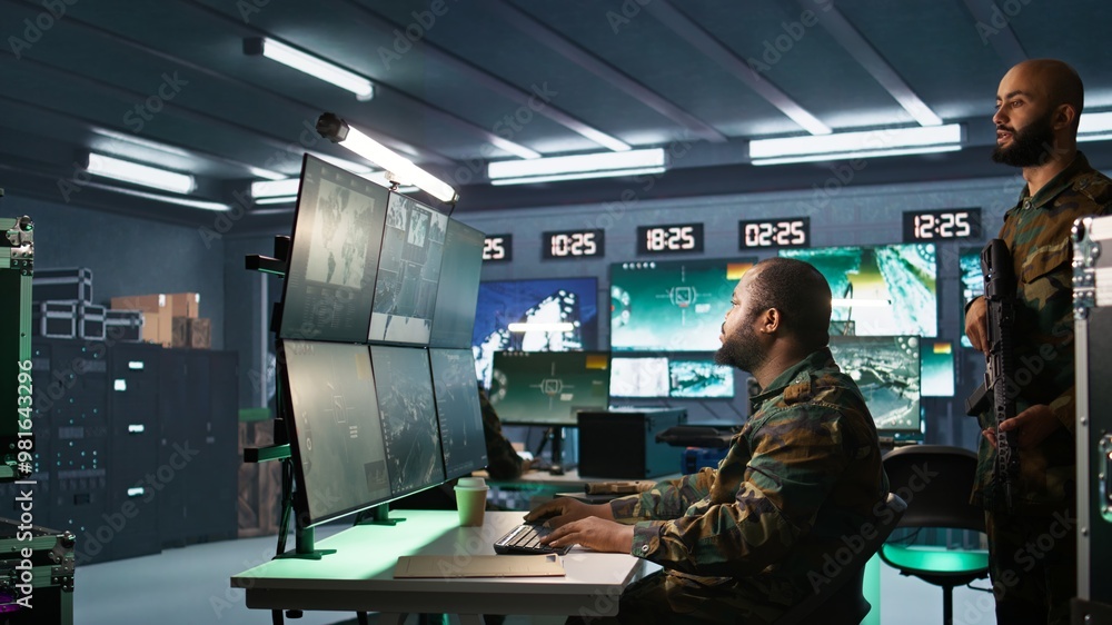 Poster military agent working in control room, analyzing aerial reconnaissance data and talking with collea