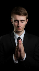 Young man in a black suit praying with closed eyes against a dark background