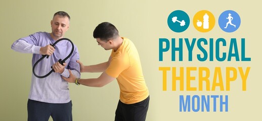 Mature man training with physiotherapist on color background. Banner for Physical Therapy Month