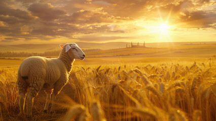 Sheep standing in a golden field at sunset, staring back.