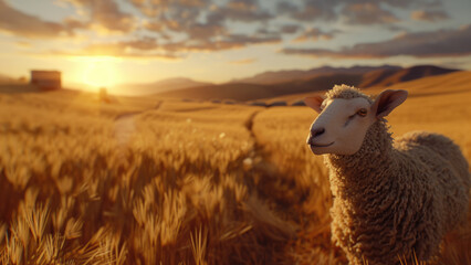 Sheep standing in a golden field at sunset, staring back.