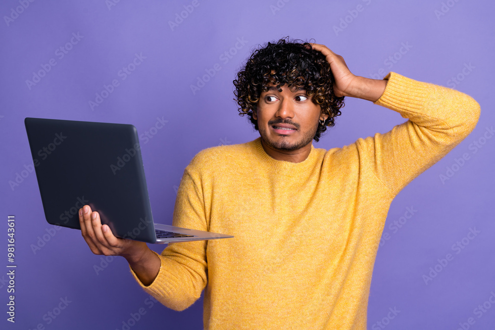 Canvas Prints Photo of worried nervous shocked man wear trendy yellow clothes arm head 404 alert error isolated on purple color background