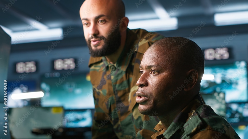 Poster army unit working in governmental facility next to colleague, operating surveillance monitoring tech